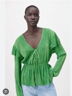 Zara Bright Green Pleated V-Neck Tie-Front Blouse